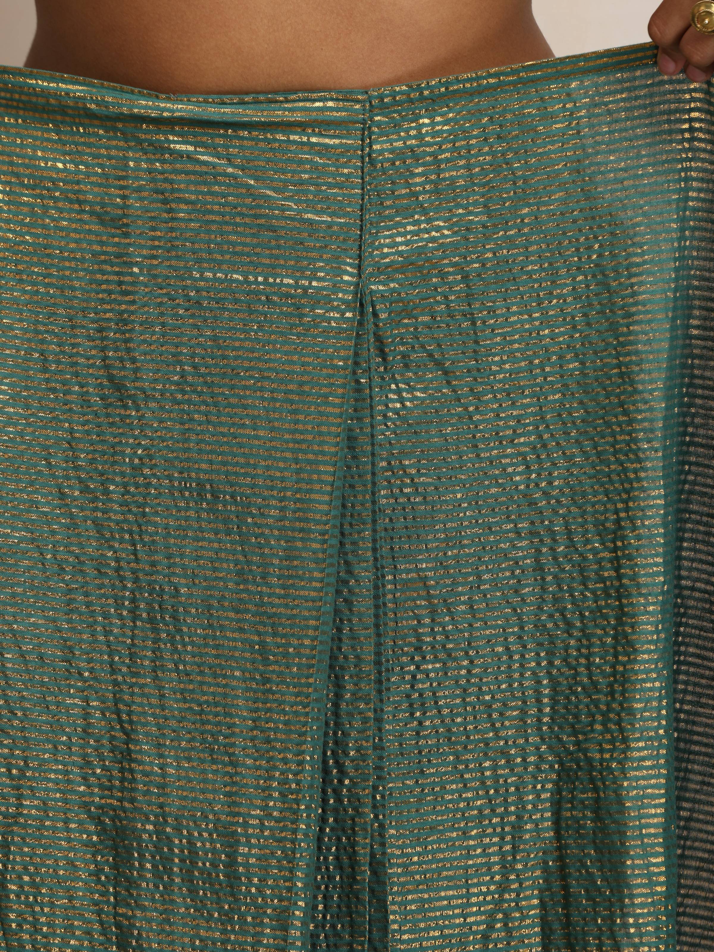 trueBrowns Dark Green Gold Metallic Ready To Wear Saree | Grocsy