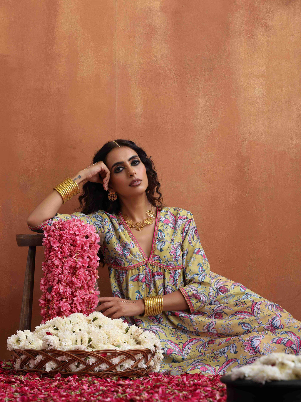 trueBrowns Yellow Print Anarkali Kurta Co-ord Set | Grocsy