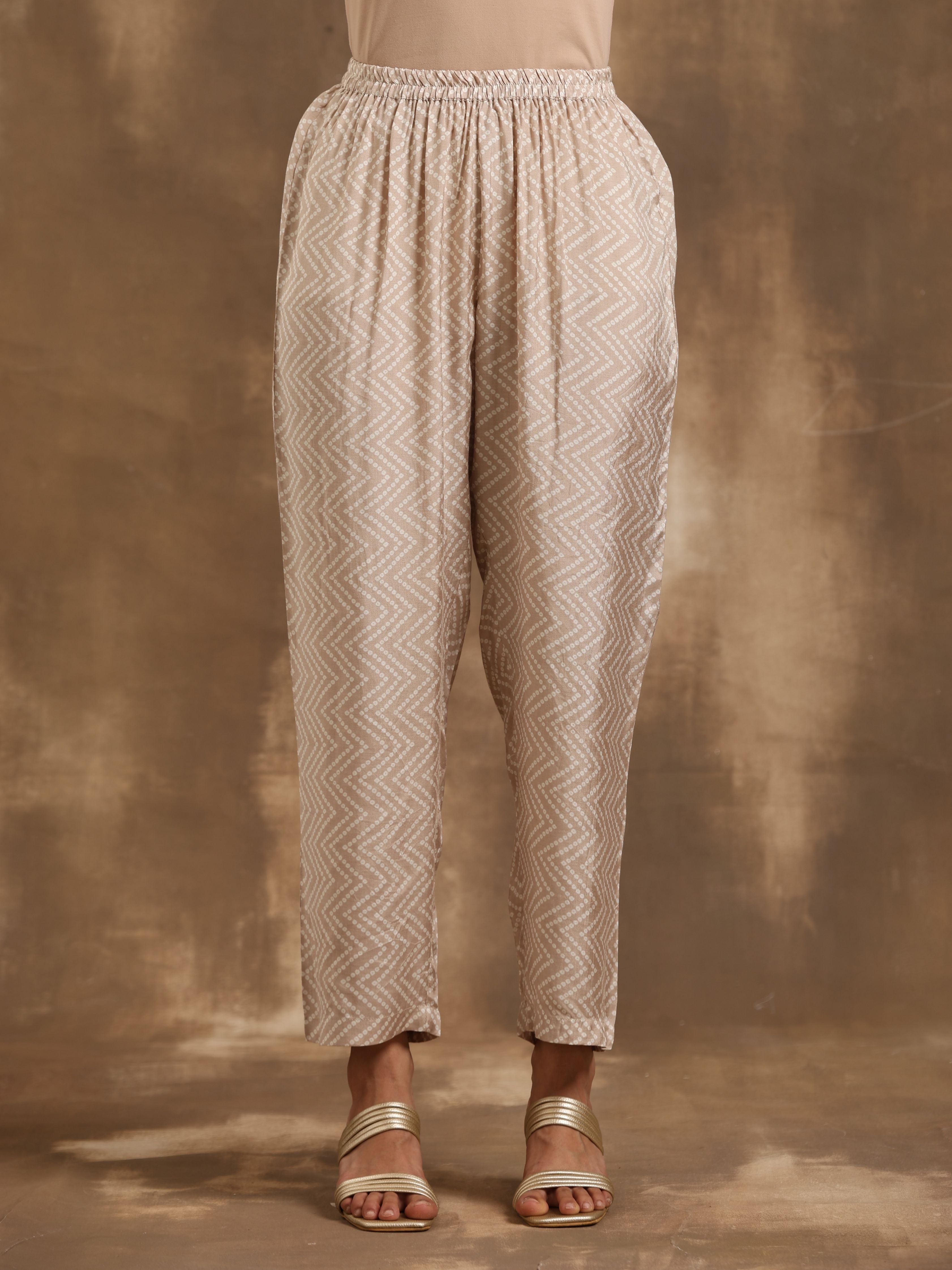 trueBrowns Beige Zig-Zag Print Silk Angrakha Kurta Pant Set | Grocsy