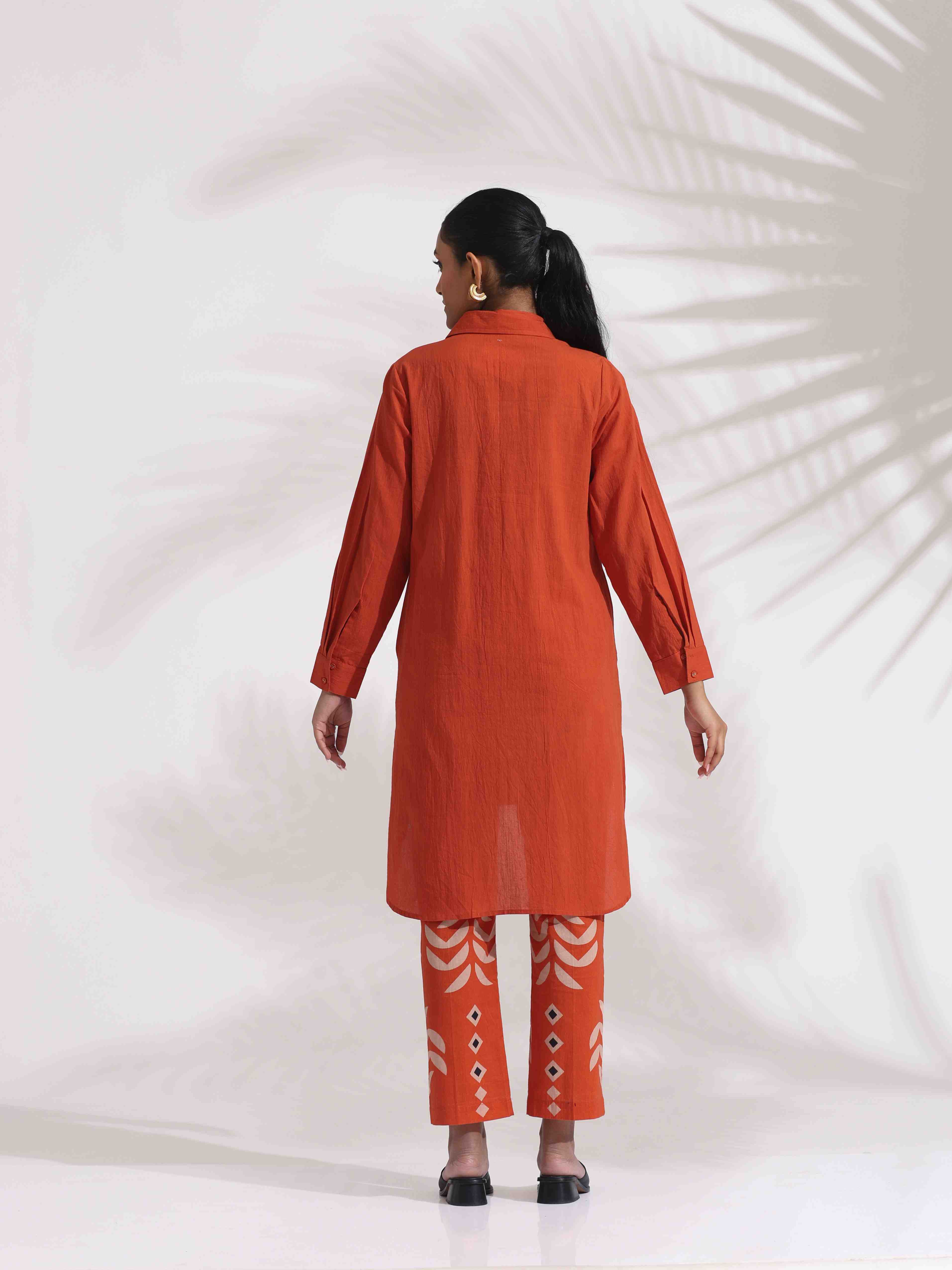 trueBrowns Orange Cotton Solid Shirt Kurta Co-ord Set | Grocsy