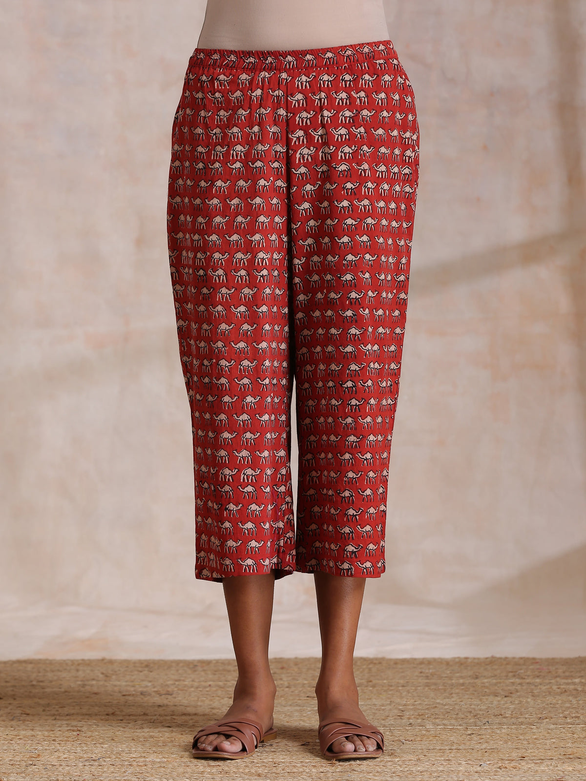 trueBrowns Rust Red Bagru Camel Print Cotton High-Low Co-Ord Set | Grocsy