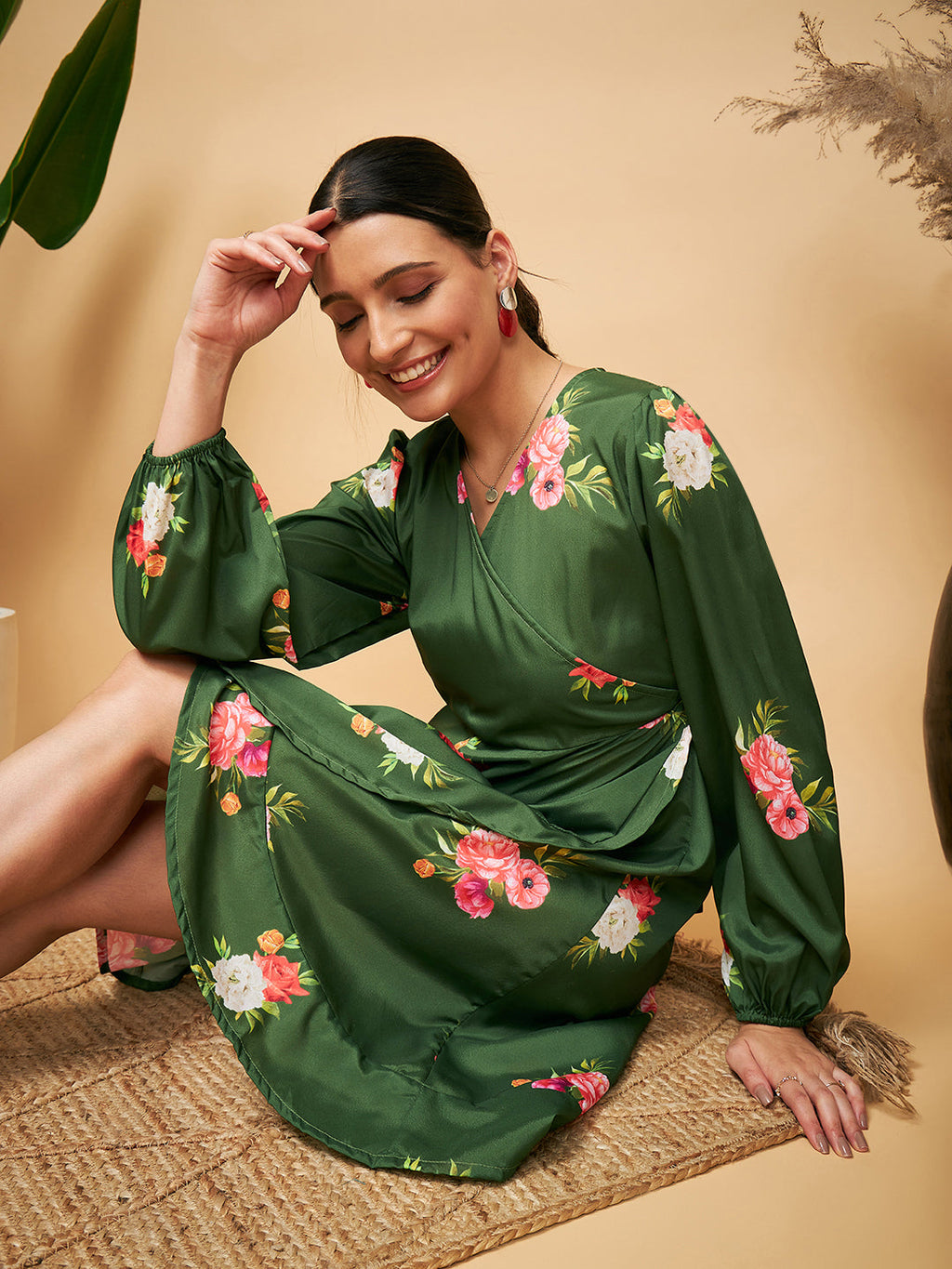 InWeave Women's Green Small Flower Belted Dress | Grocsy