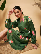 InWeave Women's Green Small Flower Belted Dress | Grocsy