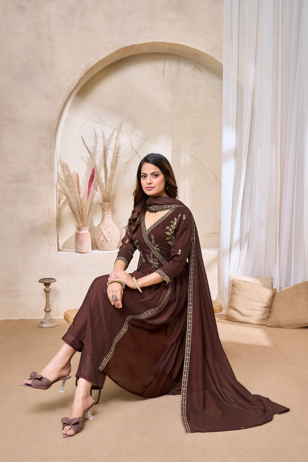 Anaita Coffee Anarkali Readymade Suit with Embroidery Work | Grocsy