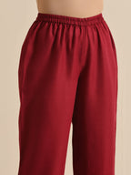 trueBrowns Maroon Slub Gathered Kurta Pant Set | Grocsy