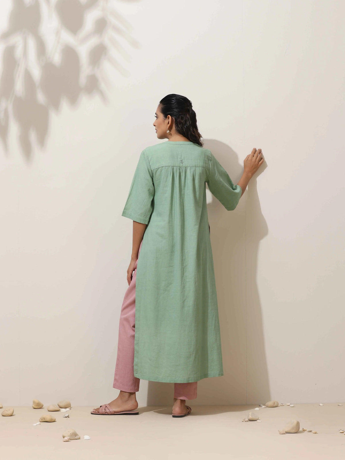 trueBrowns Mint Green Cotton Linen Kurta Pant Set | Grocsy