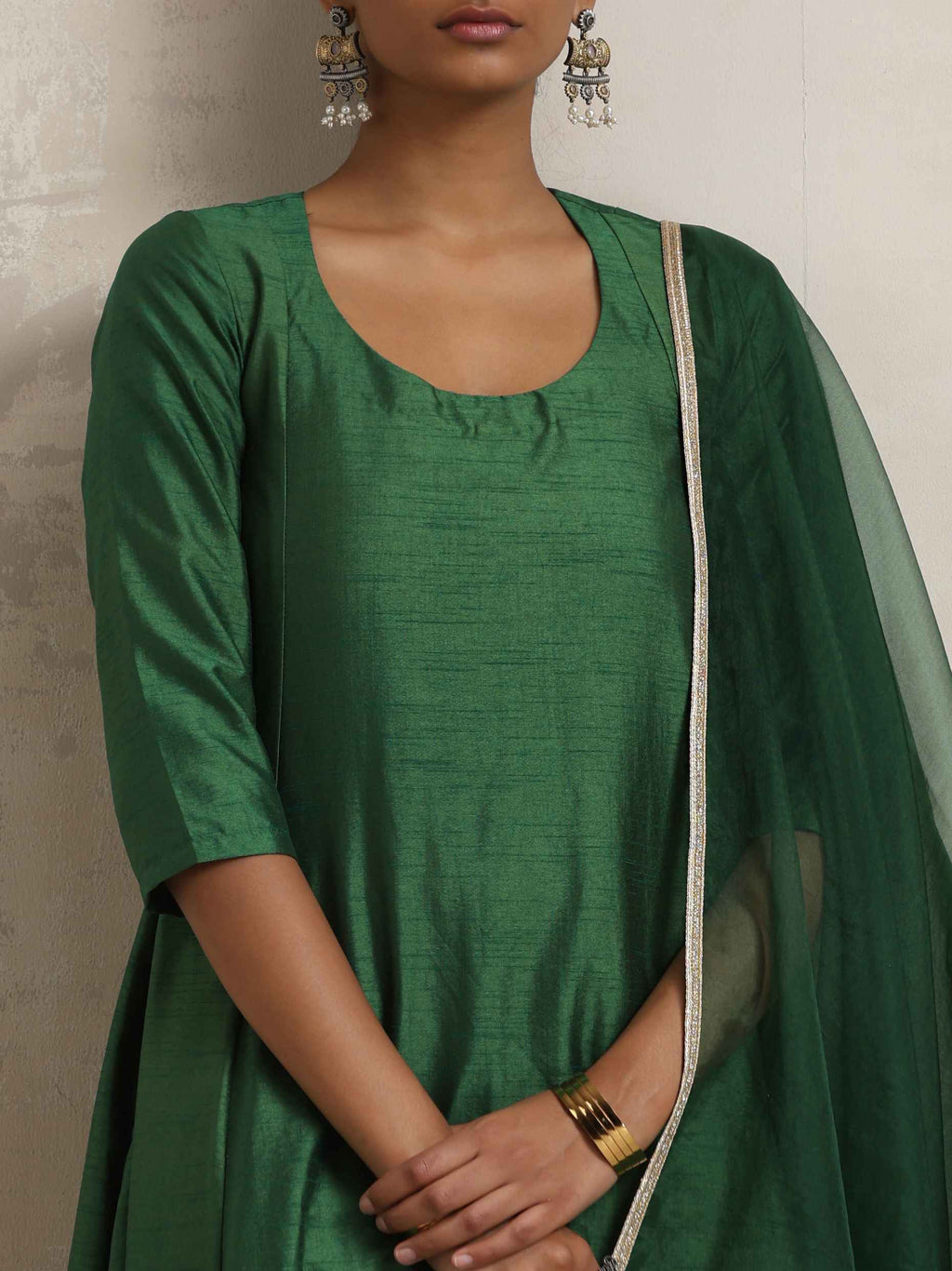 trueBrowns Dark Green Anarkali Kurta Pant Dupatta Set | Grocsy