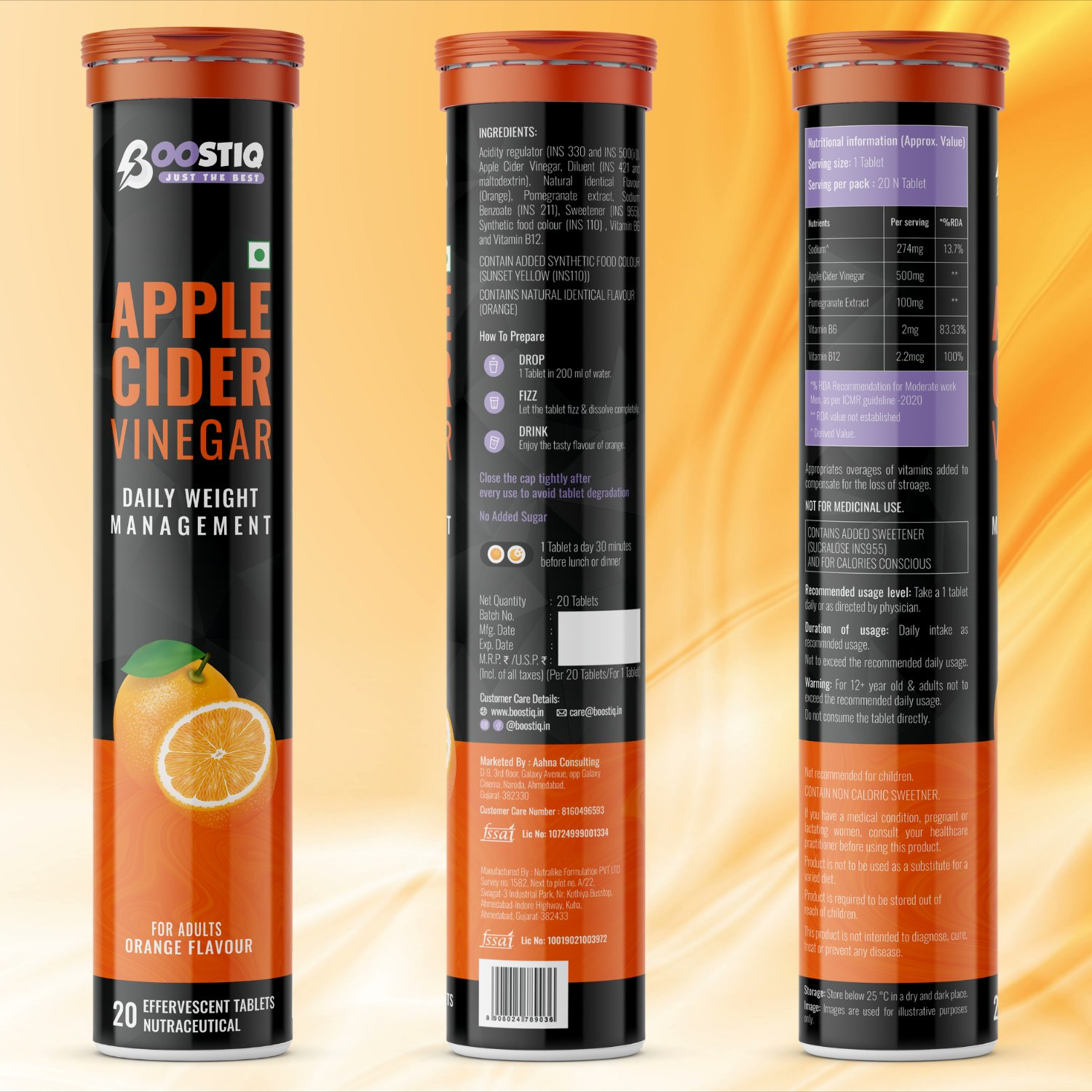 BOOSTIQ Apple Cider Vinegar Effervescent Tablets - Orange Flavour | Grocsy