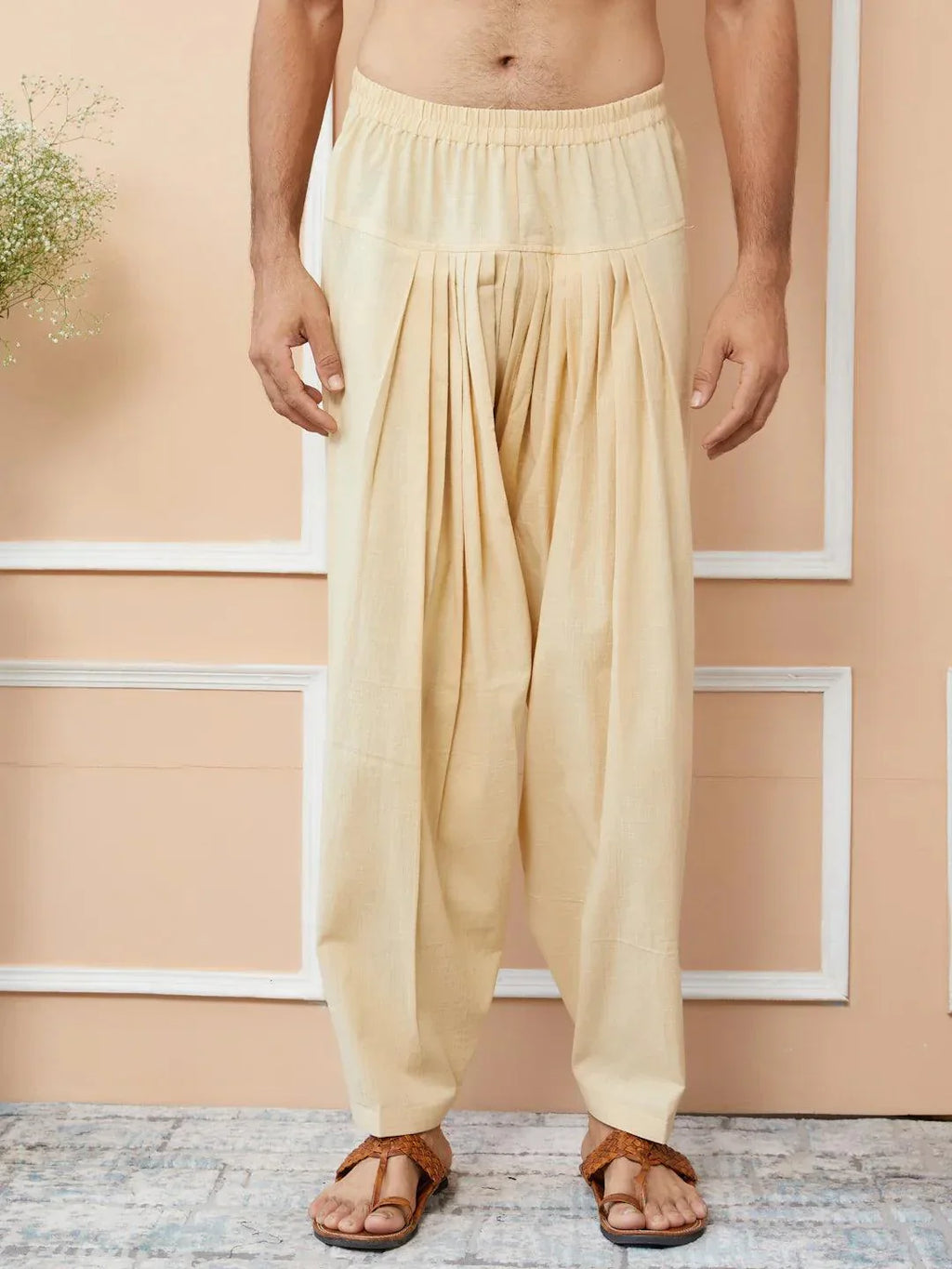 Fabmade Beige Cotton Linen Pathani Kurta With Salwar | Grocsy