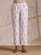 trueBrowns Pink Big Buta On White Print Cotton Panel Kaftan Kurta Pant Set | Grocsy