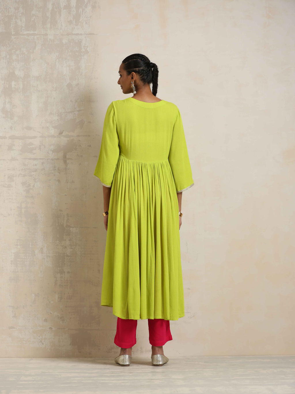 trueBrowns Lime Crinkle Anarkali Flared Kurta Set | Grocsy