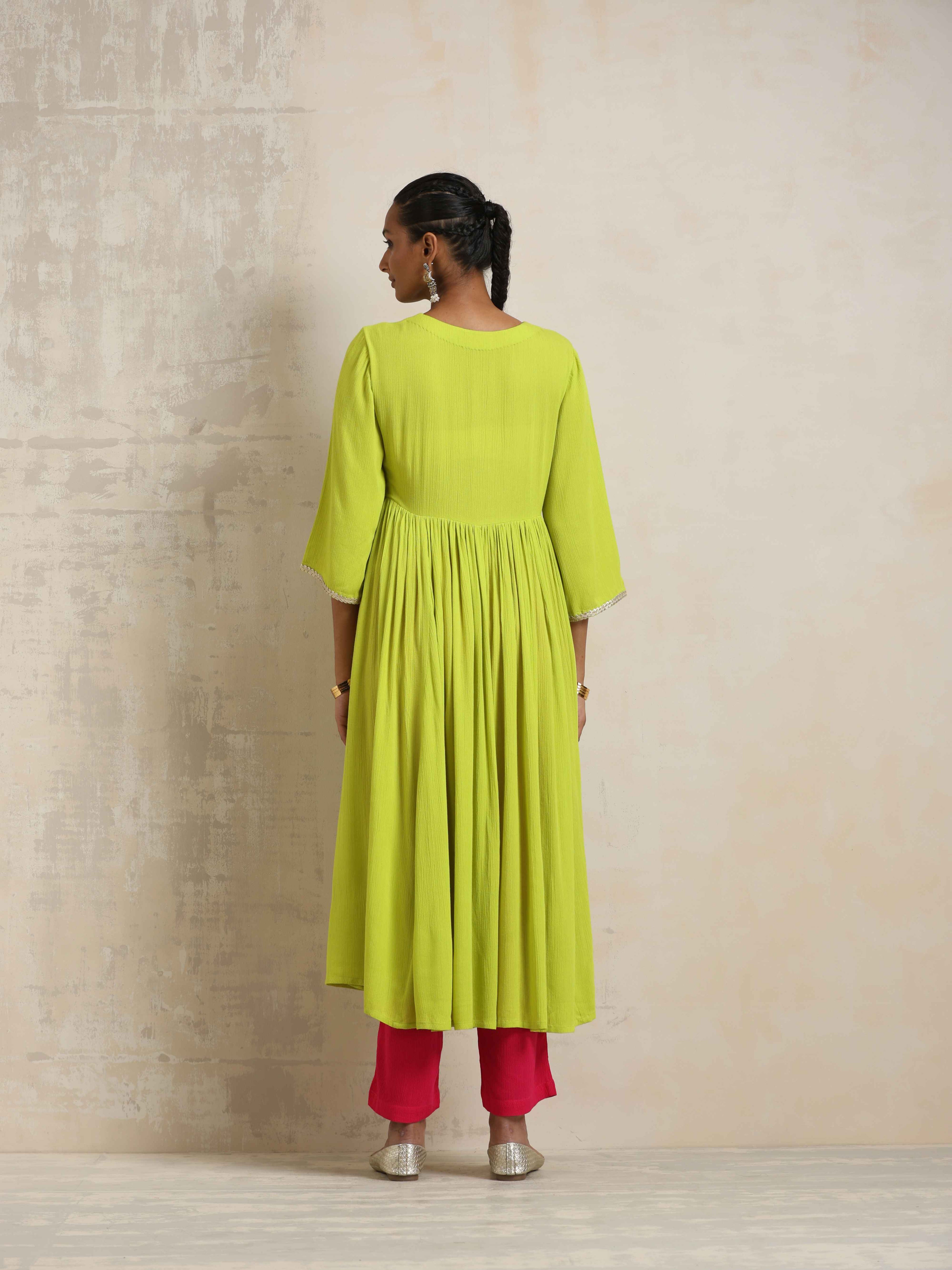 trueBrowns Lime Crinkle Anarkali Flared Kurta Set | Grocsy