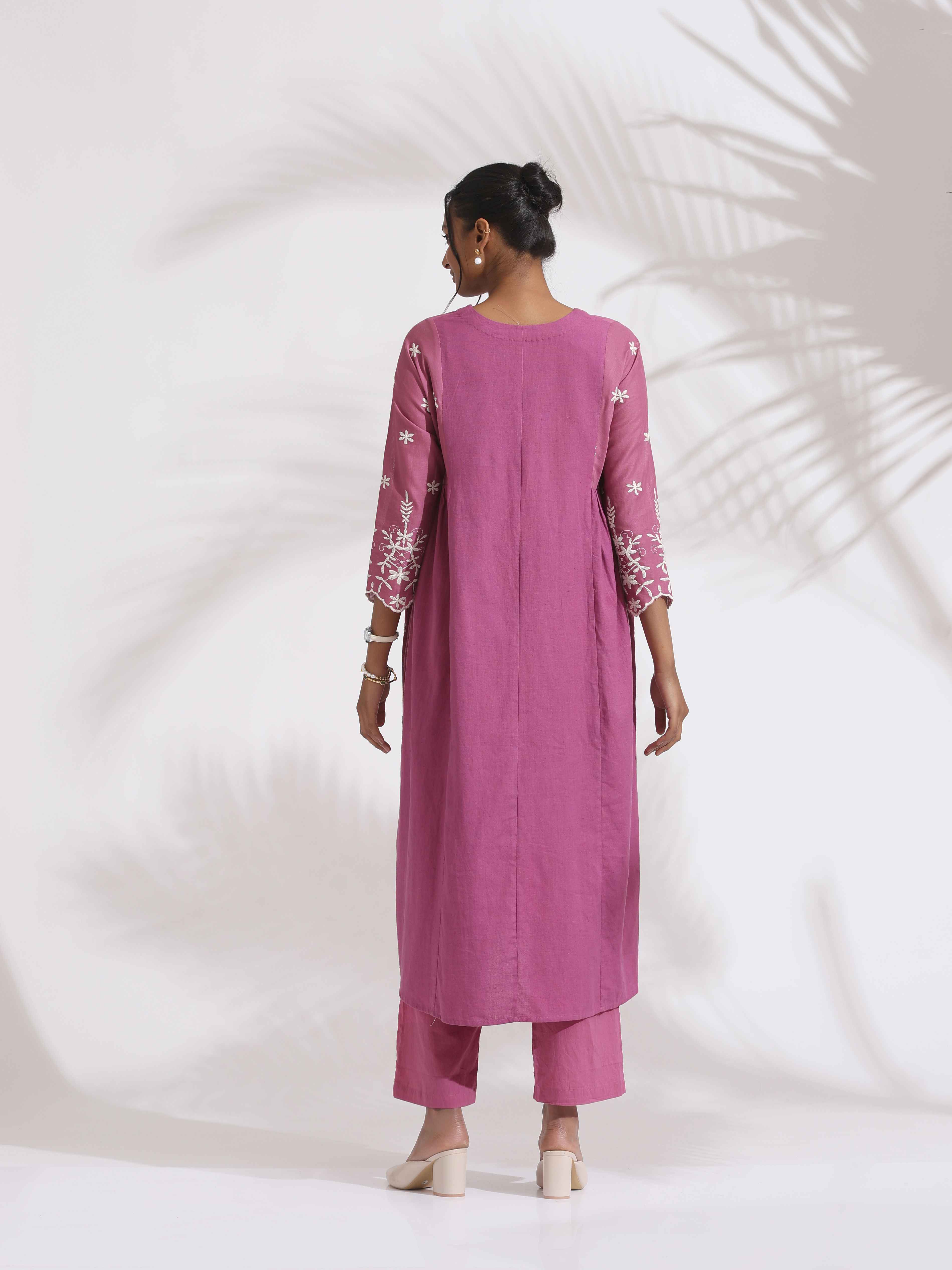 trueBrowns Pink Cotton Floral Embroidered Flared Kurta Set | Grocsy
