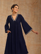 trueBrowns Midnight Blue Velvet Embroidered Kurta | Grocsy