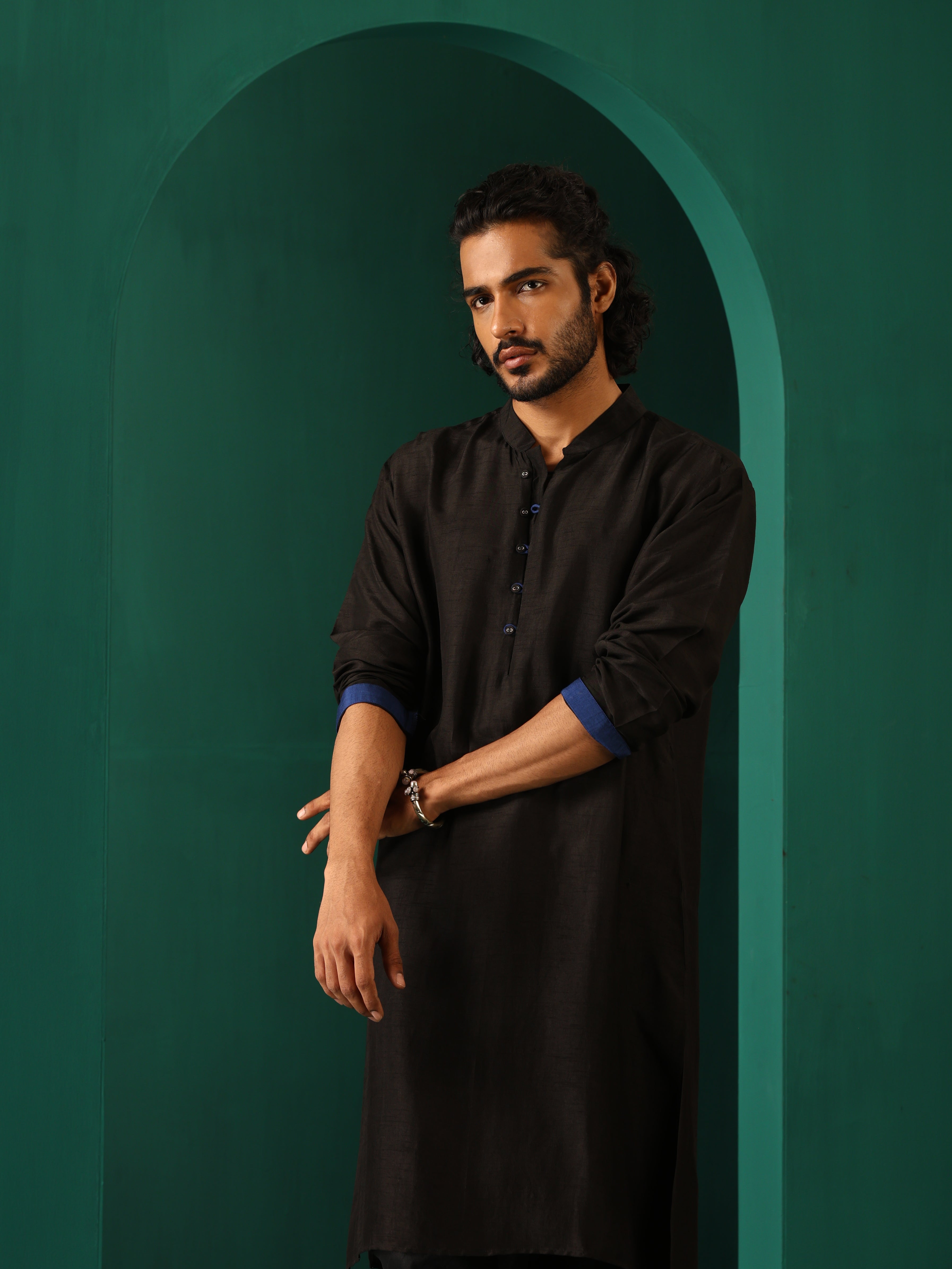 trueBrowns Men's Black Silk Long Kurta | Grocsy