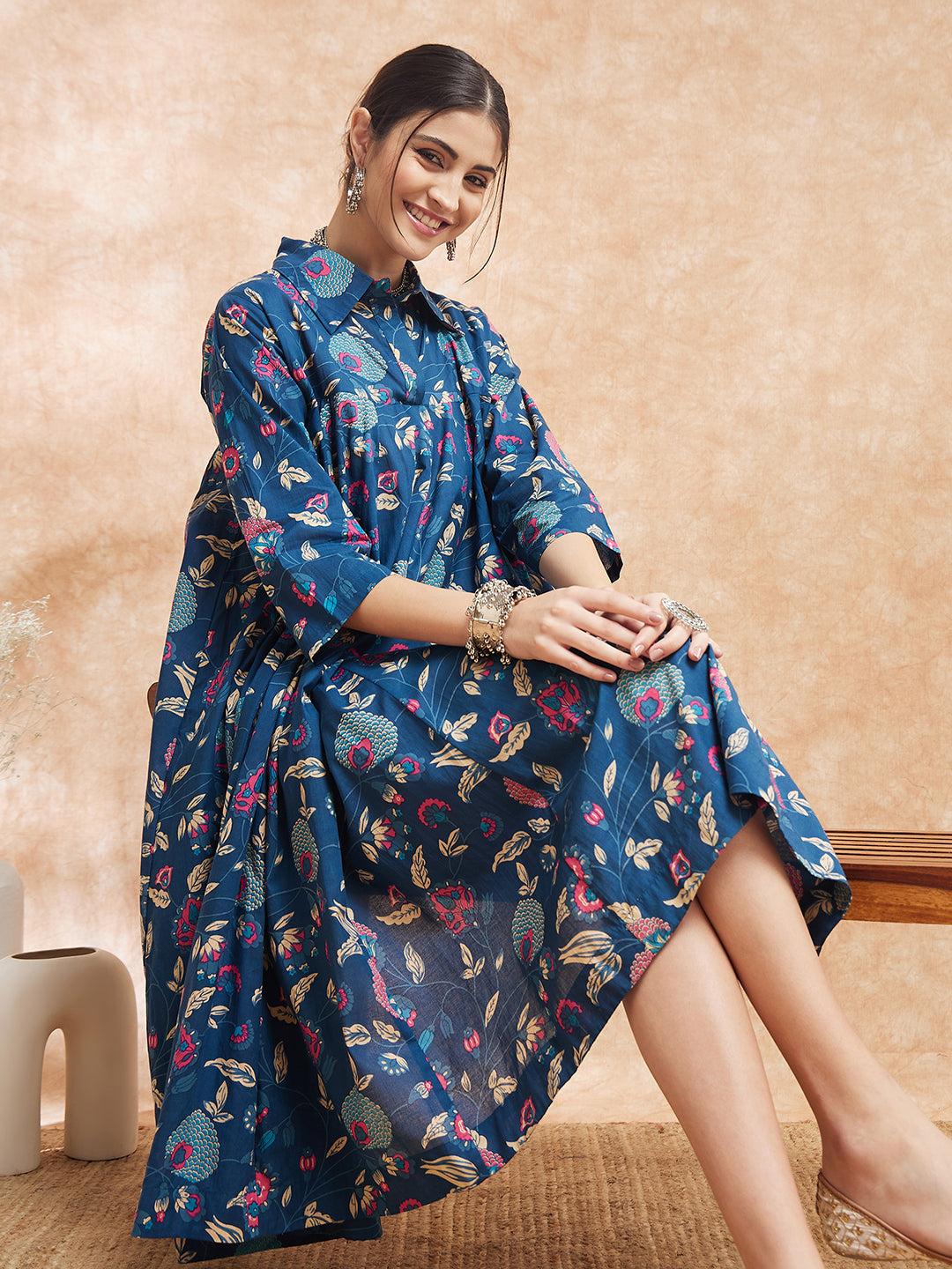 InWeave Women's Blue Pink Kalamkari Flared Dress | Grocsy