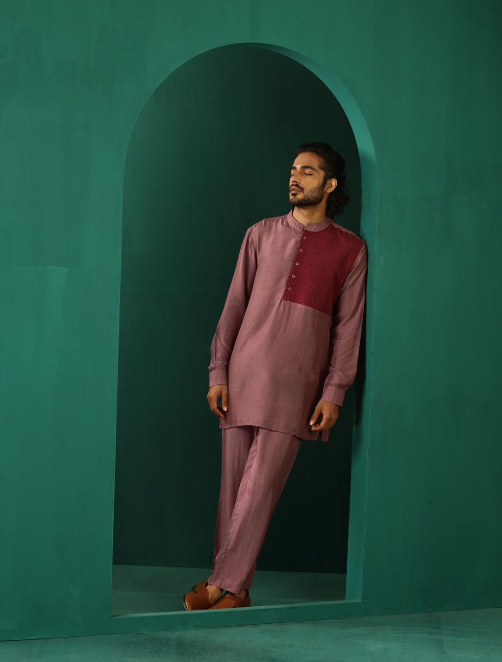 trueBrowns Men's Light Mauve Silk Co-ord Set | Grocsy