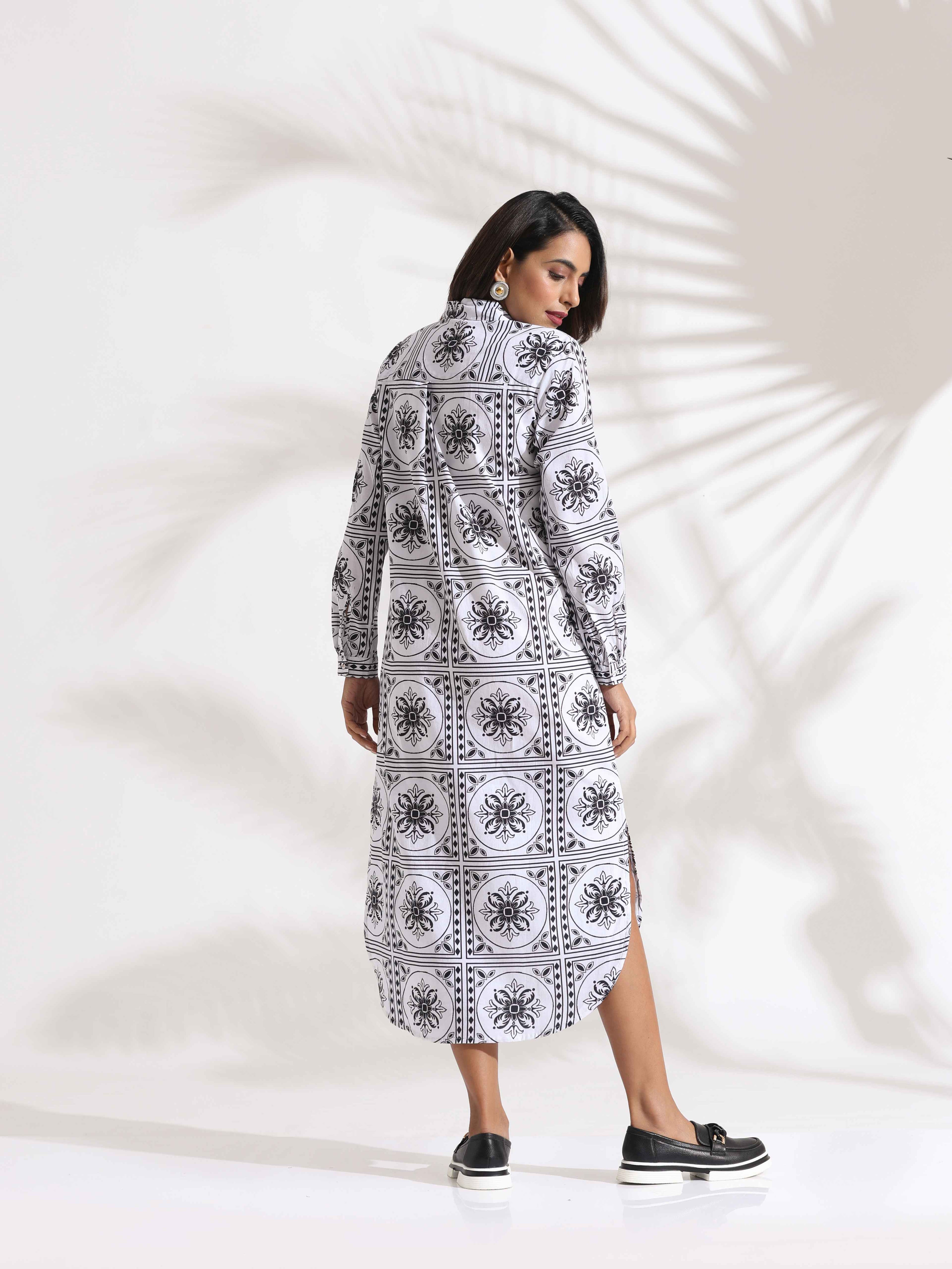 trueBrowns White Cotton Print Shirt Dress | Grocsy