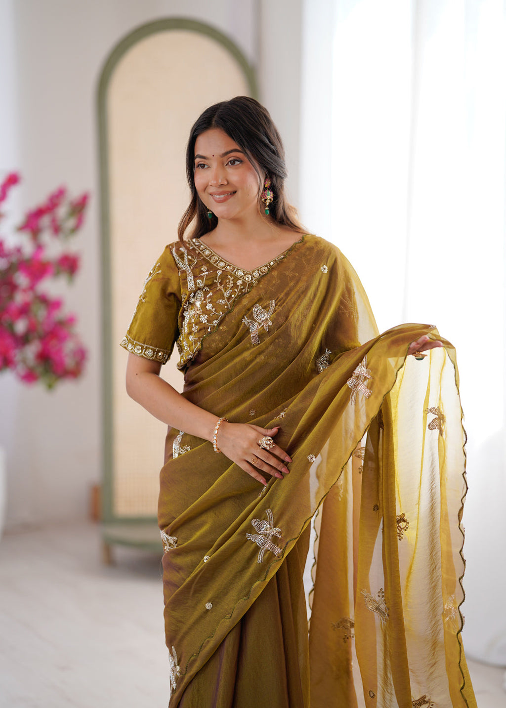 Evanik Mehendi Mos Silk With Handwork Butterfly Design Saree With Unstitched Blouse | Grocsy