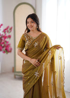 Evanik Mehendi Mos Silk With Handwork Butterfly Design Saree With Unstitched Blouse | Grocsy