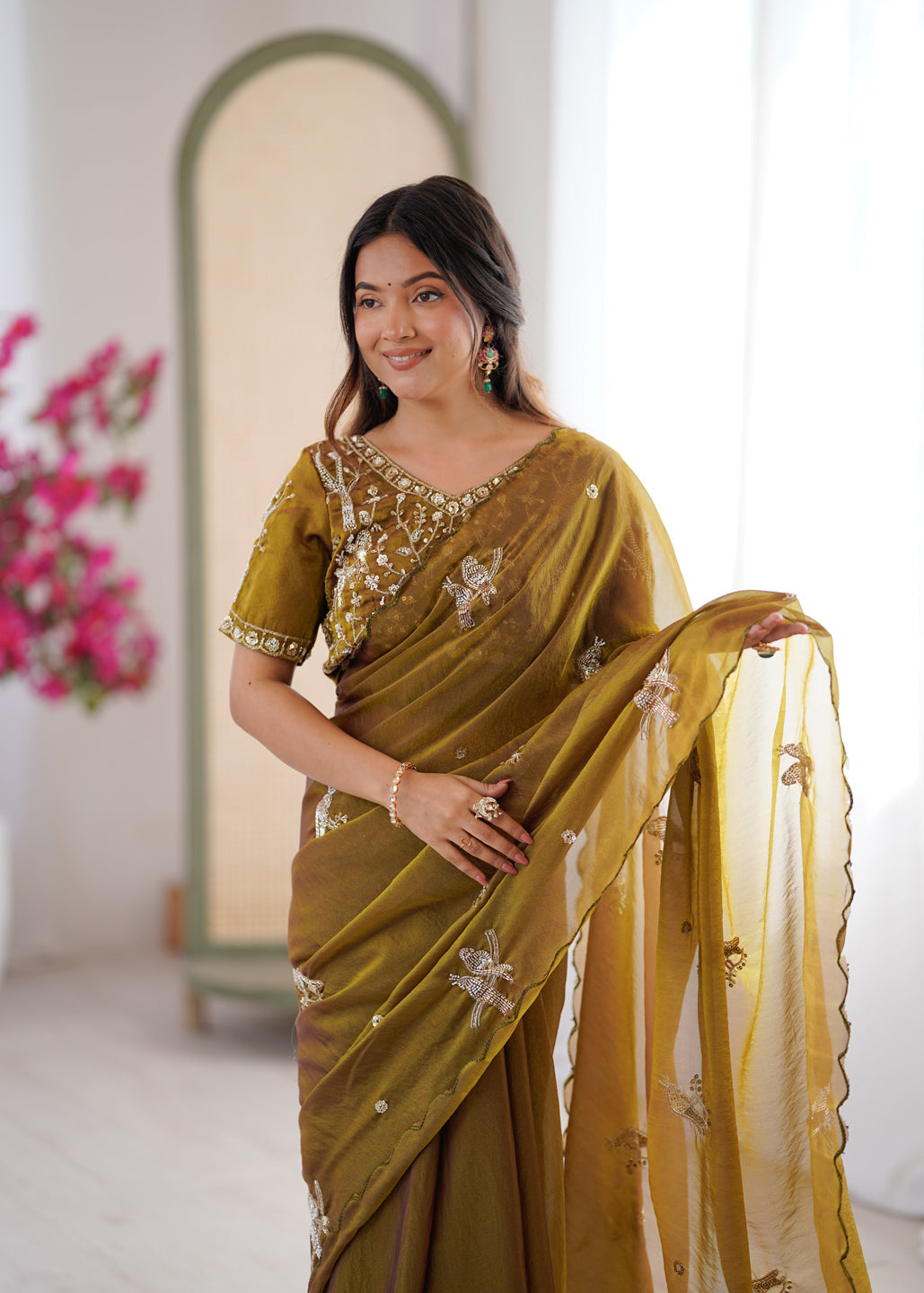 Evanik Mehendi Mos Silk With Handwork Butterfly Design Saree With Unstitched Blouse | Grocsy