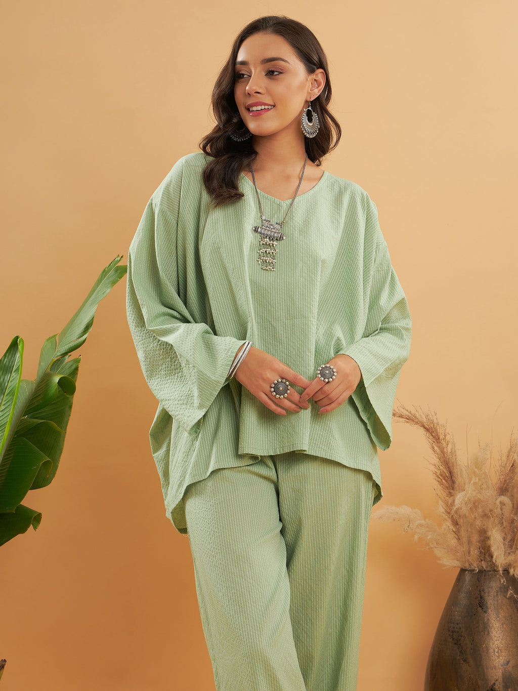InWeave Women's Sage Green Kantha Boho Full Sleeve Coord Set | Grocsy