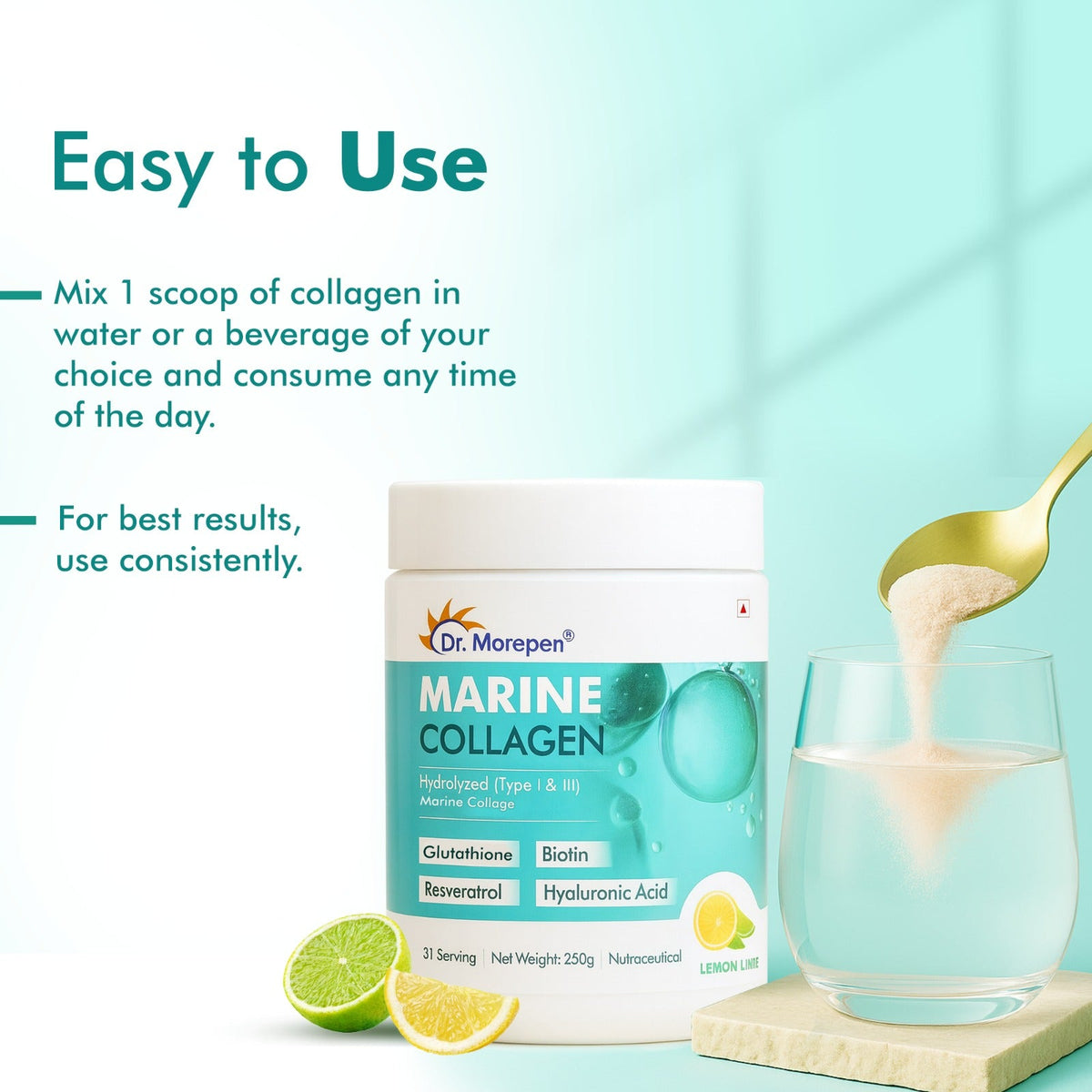 Dr. Morepan Marine Collagen Powder with Glutathione, Hyaluronic Acid, Resveratrol & Biotin Lemon Lime Flavour | Grocsy