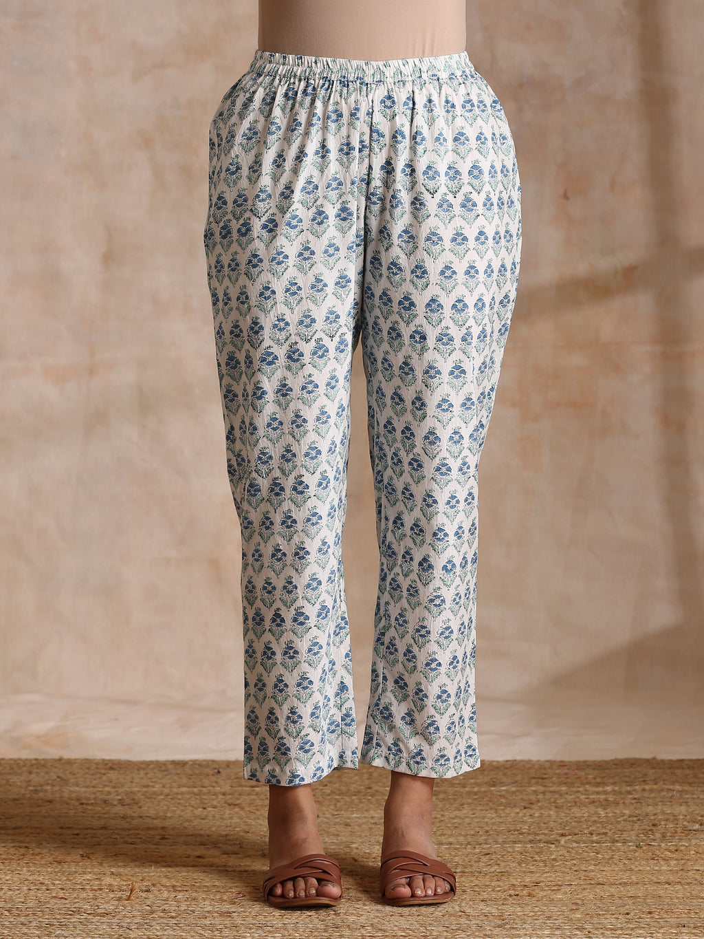 trueBrowns White With Blue Green Buta Print Cotton Flared Kurta Pant Set | Grocsy