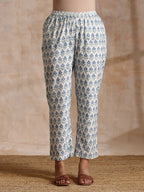 trueBrowns White With Blue Green Buta Print Cotton Flared Kurta Pant Set | Grocsy