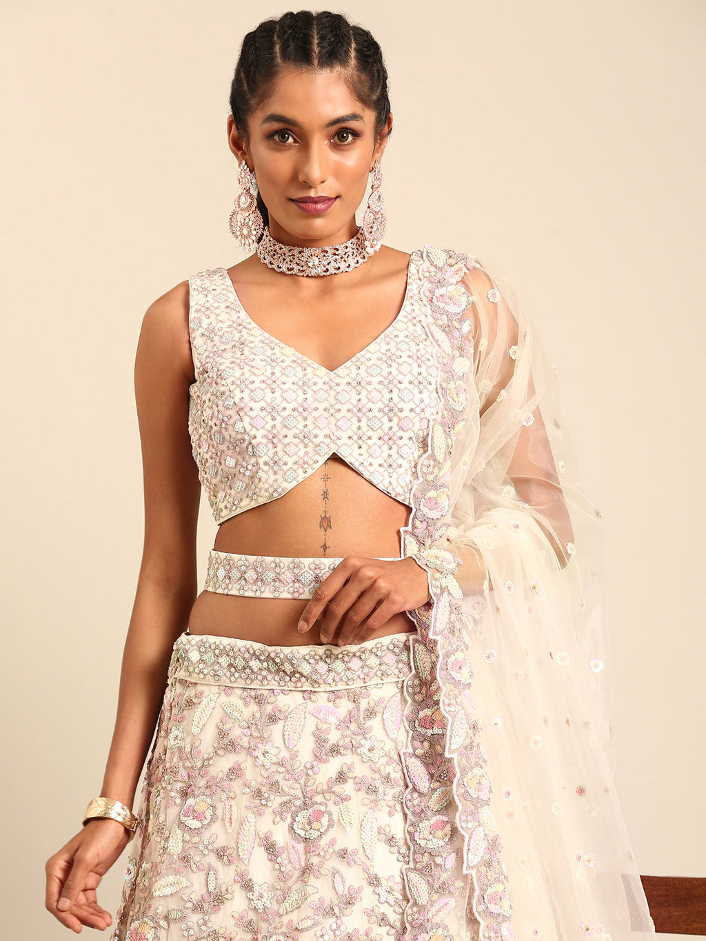 House of Panchhi Cream Net Multi Sequins with heavy Zarkan embroidery Lehenga choli & Dupatta | Grocsy
