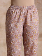 trueBrowns Grey Overall Floral Block Print Cotton Flared Slit Kurta Pant Set | Relove | Grocsy