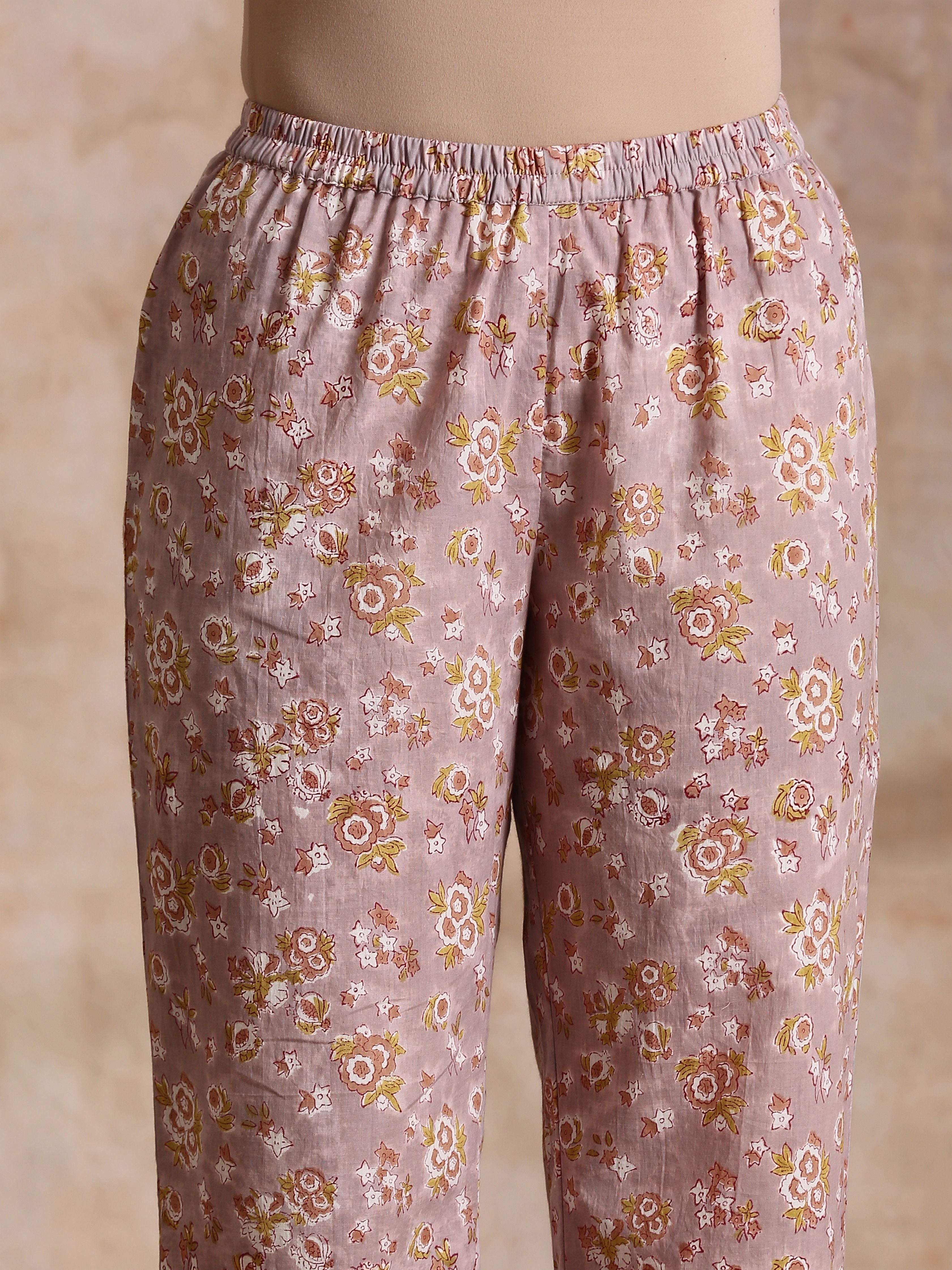 trueBrowns Grey Overall Floral Block Print Cotton Flared Slit Kurta Pant Set | Relove | Grocsy