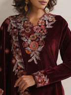 trueBrowns Maroon Velvet Floral Embroidered Kurta Pant Dupatta Set | Grocsy