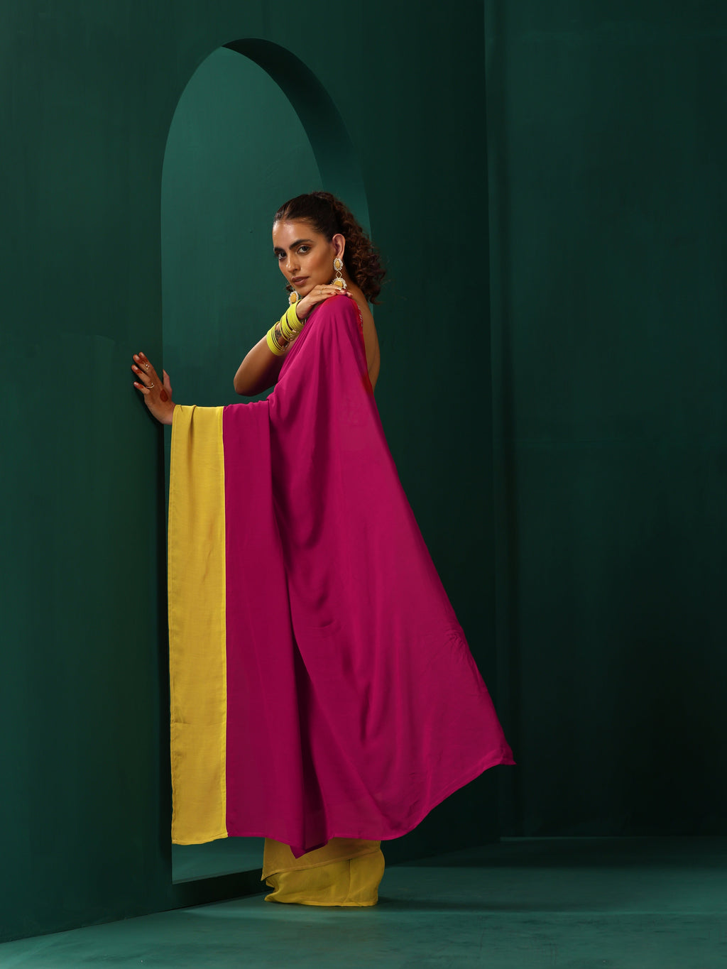 trueBrowns Lime Yellow Pink Muslin Silk Ready to Wear Saree | Grocsy