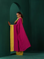 trueBrowns Lime Yellow Pink Muslin Silk Ready to Wear Saree | Grocsy