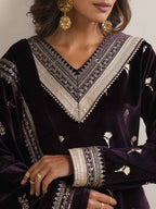 trueBrowns Wine Velvet Floral Embroidered Kurta Pant Dupatta Set | Grocsy