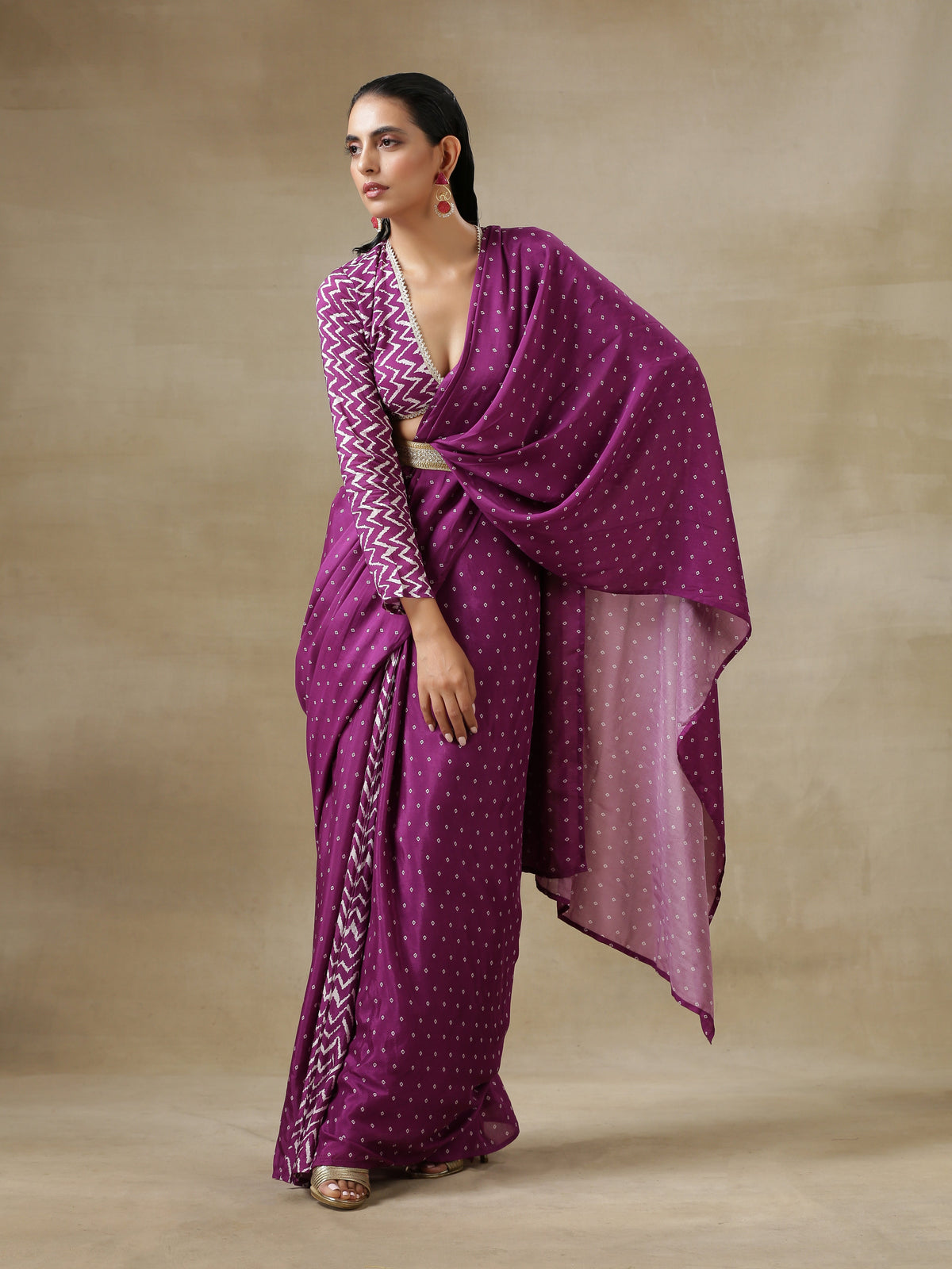trueBrowns Purple Bandhani Printed Silk Ready to Wear Saree with Belt | Grocsy