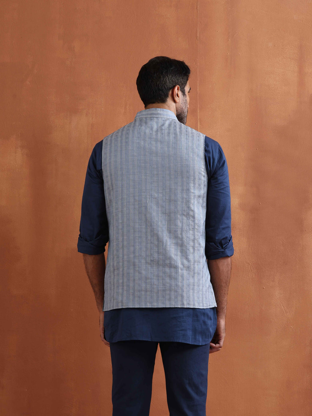 trueBrowns Men's Blue Chanderi Reversible Nehru Jacket | Grocsy