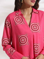 trueBrowns Pink Cotton Print A-line Dress | Grocsy