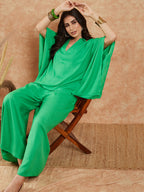 InWeave Women's Parrot Green Solid Collar Neck Boho Top Bottom Set | Grocsy