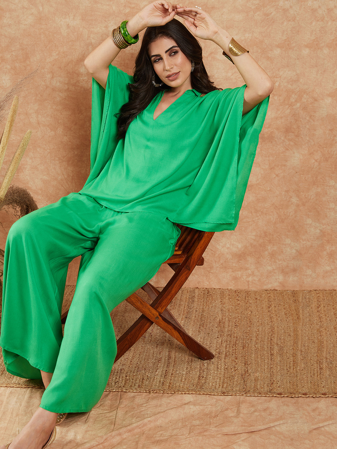 InWeave Women's Parrot Green Solid Collar Neck Boho Top Bottom Set | Grocsy