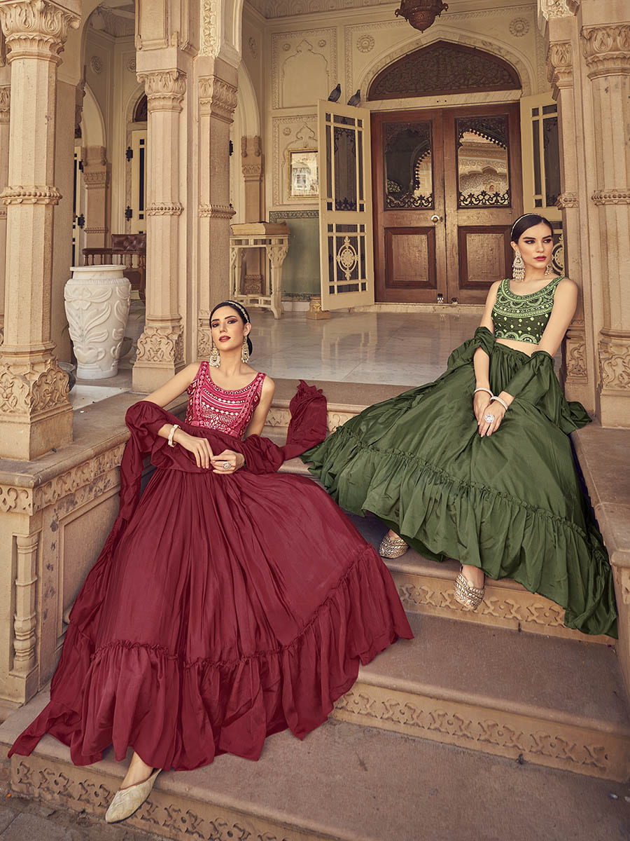 Myra Maroon Chinon & Art SIlk Embroidered Designer Lehenga Choli | Grocsy