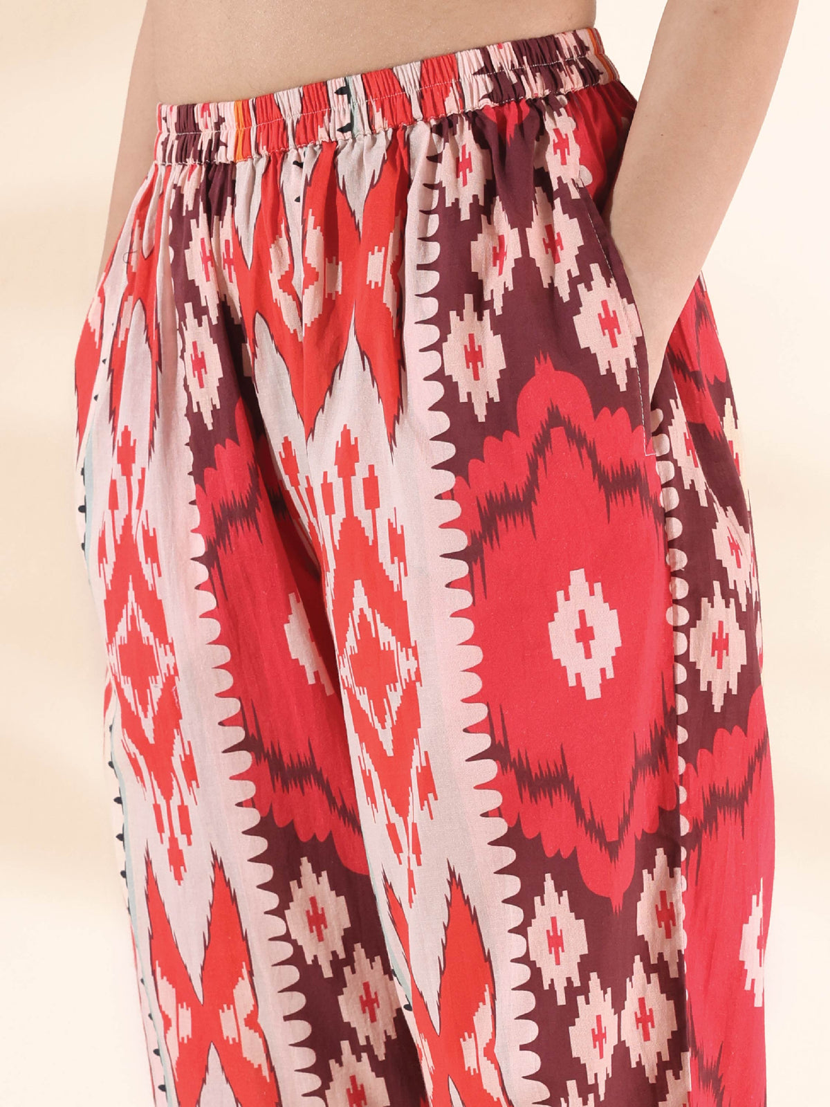 trueBrowns Maroon Cotton Ikat Flared Co-ord Set | Grocsy