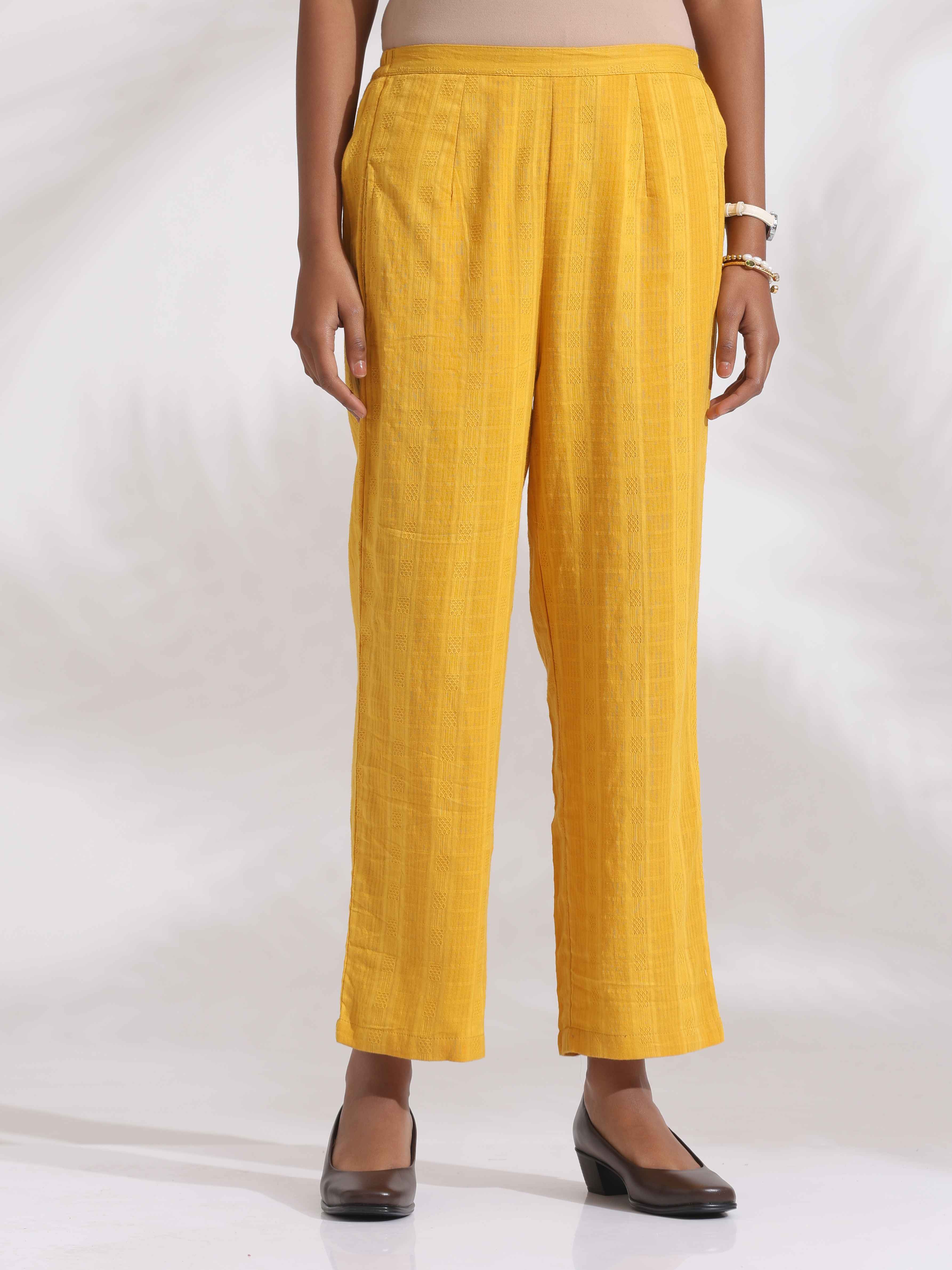 trueBrowns Yellow Cotton Pleated Shirt Kurta Set | Grocsy