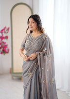 Evanik Grey Mos Silk With Handwork Butterfly Design Saree With Unstitched Blouse | Grocsy