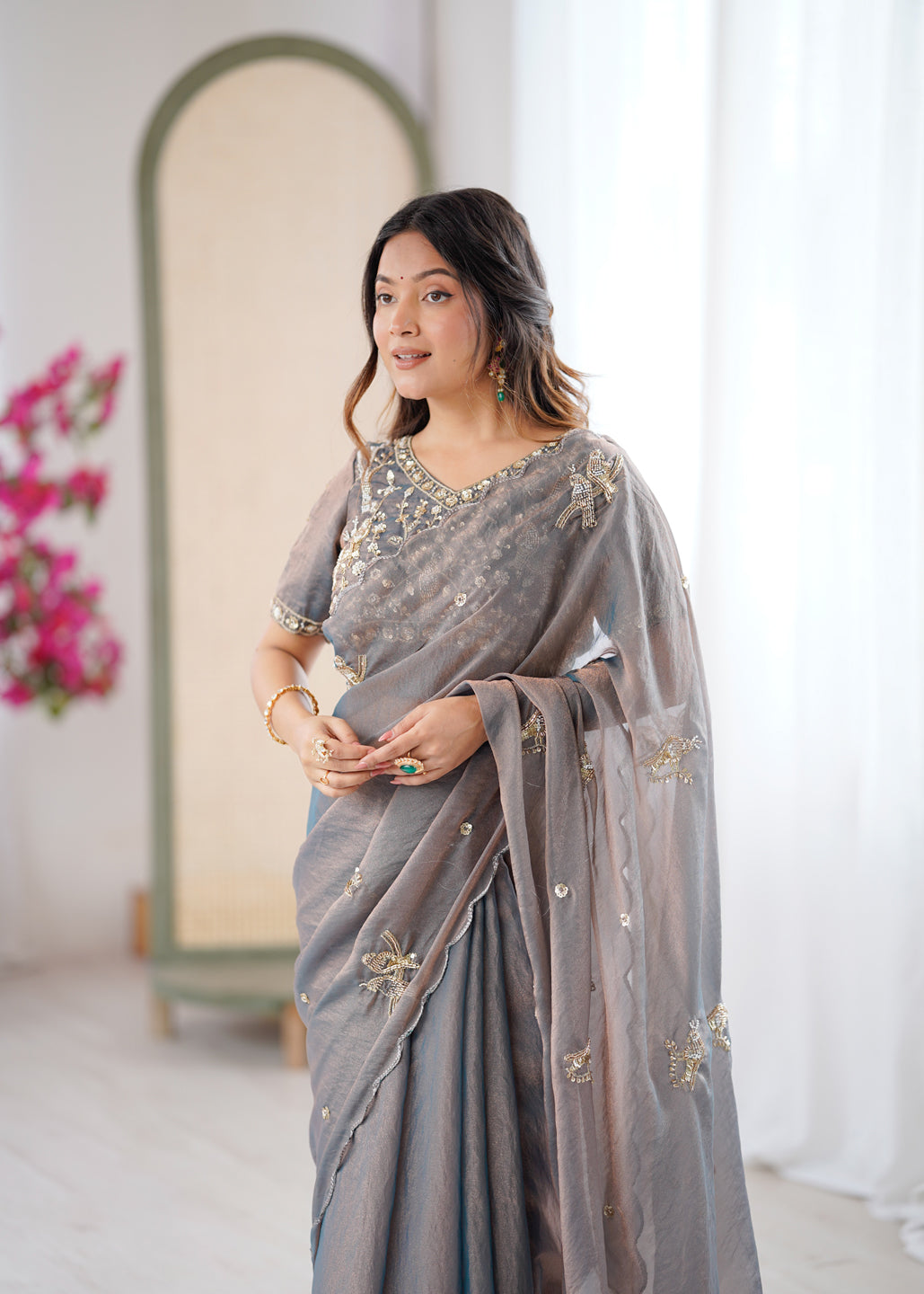Evanik Grey Mos Silk With Handwork Butterfly Design Saree With Unstitched Blouse | Grocsy