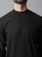 Even Apparels Black Pure Cotton Kurta With Band Collar | Grocsy