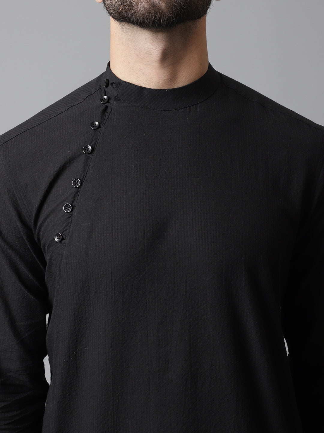 Even Apparels Black Pure Cotton Kurta With Band Collar | Grocsy