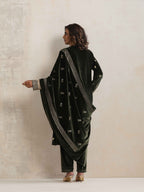 trueBrowns Green Velvet Floral Embroidered Kurta Pant Dupatta Set | Grocsy