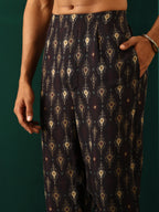 trueBrowns Men's Black Tonal Ikat Muslin Silk Printed Co-ord Set | Grocsy
